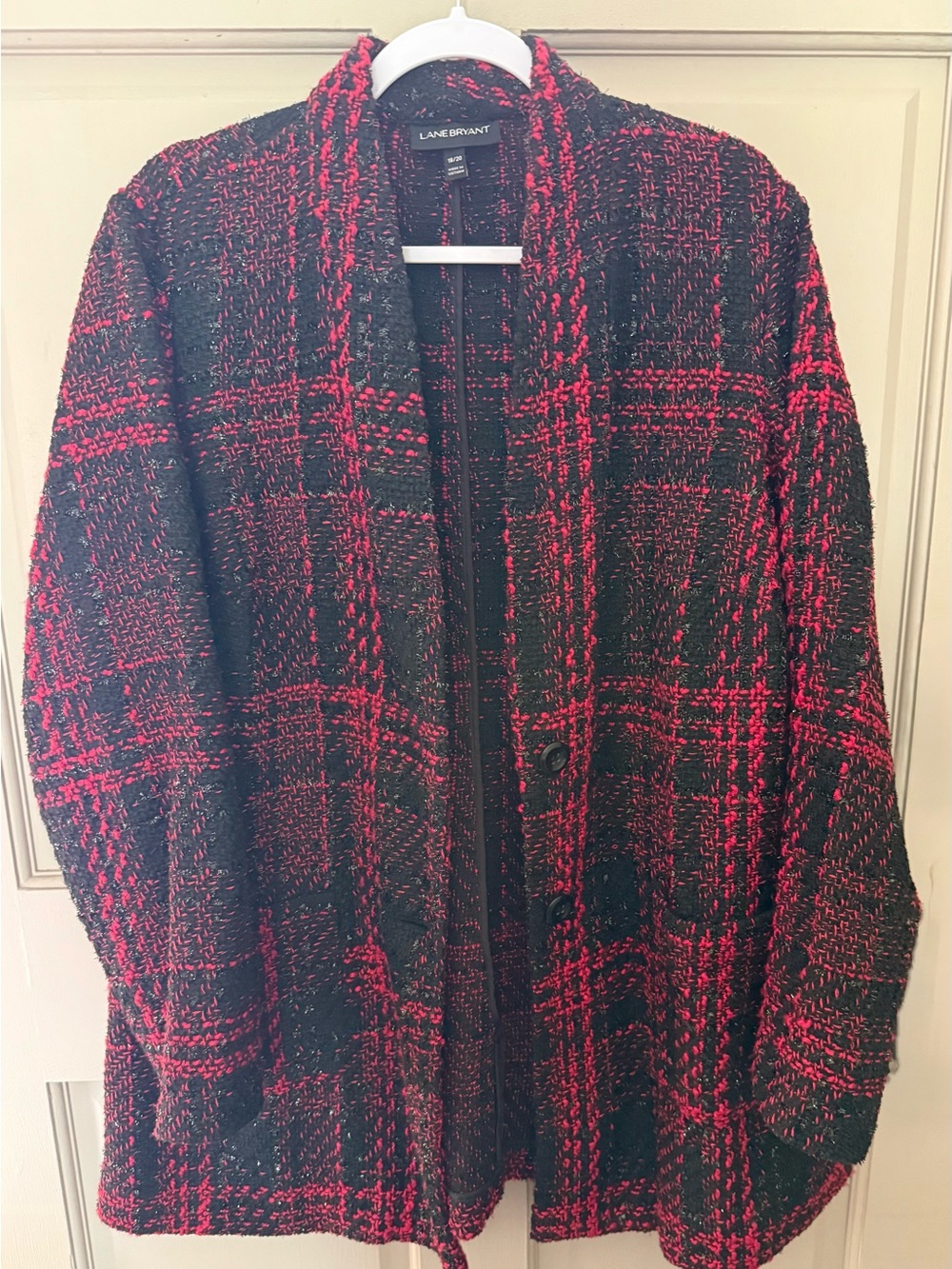 Lane Bryant Red and Black Plaid Bouclé Blazer Jacket - Picture 2 of 4